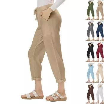 Брюки для женщин, широкие брюки для йоги с карманами и пуговицами, повседневные укороченные брюки с высокой талией, свободные мягкие пижамные спортивные штаны L армия зеленый