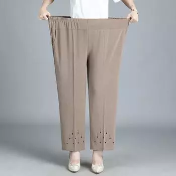 Брюки для женщин среднего возраста, весенне-летние брюки с эластичным поясом для мам, большие размеры, однотонные повседневные прямые брюки 8XL чёрный