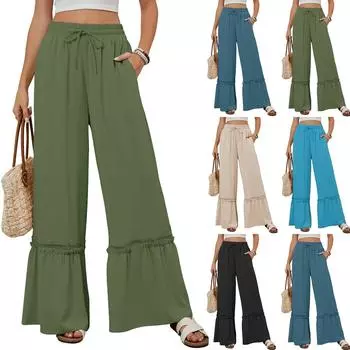 Брюки для женщин, струящиеся брюки, бохо, высокая талия, широкие брюки, летние пляжные наряды для отпуска L армия зеленый