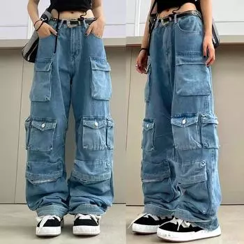 Брюки Джинсы свободного кроя с множеством карманов Брюки из эластичного денима с карманами Брюки L синий