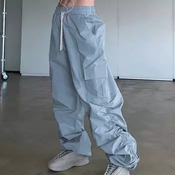 Брюки-джоггеры с высокой талией и складками и карманами с клапаном, женские брюки-парашюты y2k, летние спортивные штаны с завязками на шнурке S синий