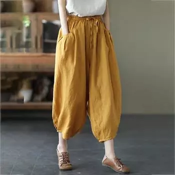 Брюки-фонарики M-XXXL, хлопковые льняные брюки, женские весенне-летние свободные брюки с эластичной резинкой на талии, однотонные повседневные брюки XXXL чёрный