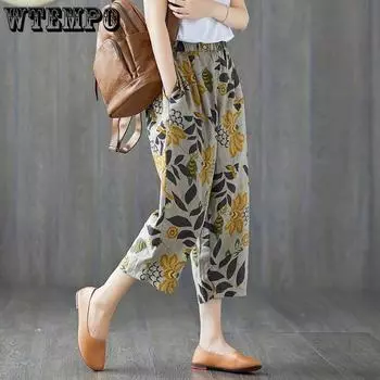 Брюки Haren, тонкие, дышащие, из искусственного меха, ретро, модные, хлопковые, пеньковые, с карманом в девять центов, летние, свободные, с принтом, хлопковые брюки большого размера M