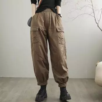 Брюки Харлан женские хлопковые с подкладкой женские брюки литературные и повседневные ретро свободные однотонные черные верхние брюки из хлопка повседневные брюки M зеленые хаки