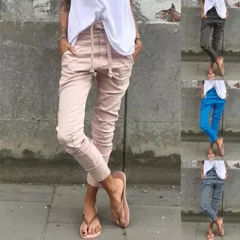 Брюки Хлопковые повседневные брюки с эластичной резинкой на талии и карманами с микроэластичной резинкой Тонкие маленькие брюки для ног S бежевый
