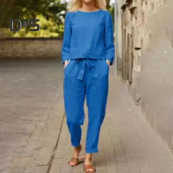 Брюки и топ, круглый вырез, однотонный, дышащий, впитывающий пот, эластичный пояс, длинные брюки, рубашка, костюм из двух частей для женщин M белый