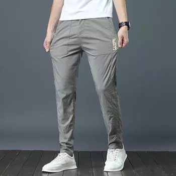 Брюки Ice Silk мужские летние новые тонкие эластичные повседневные брюки облегающие брюки молодежные модные фирменные печатные брюки мужские 28 чёрный