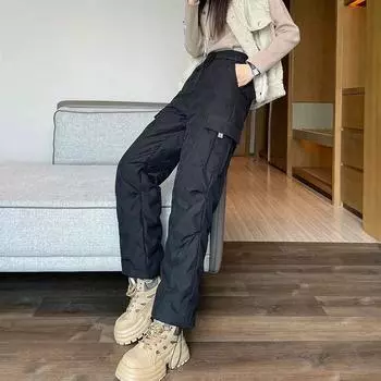 Брюки из хлопка для женщин, верхняя одежда, зима 2024, новые рабочие брюки, свободные, тонкие, с высокой талией, хлопковые брюки для холодного северо-востока M чёрный