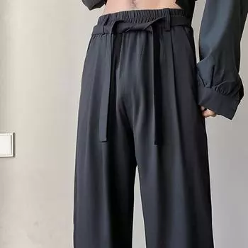 Брюки из итальянского драпированного ледяного шелка в стиле британских яппи с завязками L чёрный