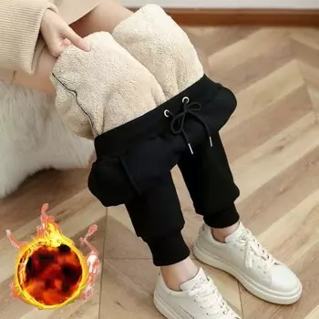 Брюки из овечьей шерсти Haren, женские плюшевые штаны с завязками, теплые однотонные спортивные штаны для зимних повседневных видов спорта M чёрный