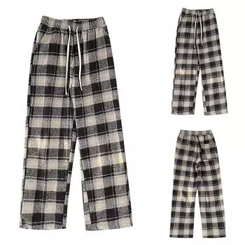 Брюки из плюшевой ткани в клетку, женские зимние повседневные брюки с высокой талией, прямые широкие брюки L чёрный
