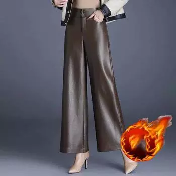 Брюки из утолщенной искусственной кожи, женские зимние свободные повседневные широкие брюки с эластичной резинкой и высокой талией, черные шаровары с девятью точками S