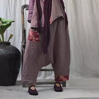 Брюки Johnature до щиколотки, женская одежда, весенние винтажные брюки, свободные лоскутные брюки через плечо с эластичной резинкой на талии и вставками One Size бежевый