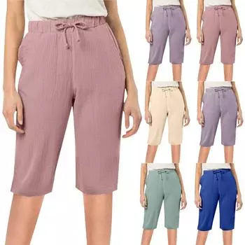 Брюки-капри для женщин, полубрюки с высокой талией, повседневные шорты до колена на шнурке с карманами L бежевый