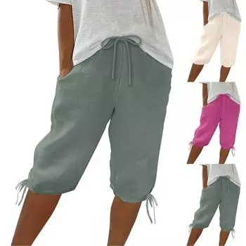 Брюки-капри для женщин, полубрюки с высокой талией, повседневные шорты до колена на шнурке с карманами L