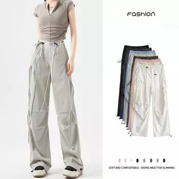 Брюки-карго цвета хаки, женские летние тонкие быстросохнущие брюки, американские прямые брюки для походов, однотонные парашютные брюки S чёрный