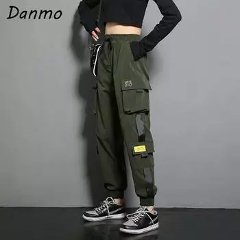 Брюки-карго Danmo, женские уличные брюки в стиле хип-хоп, брюки для бега, повседневные брюки-шаровары до щиколотки, брюки с эластичной резинкой на талии, большие размеры S зелёный