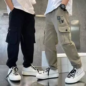 Брюки-карго для маленьких мальчиков, брюки-карго с эластичной резинкой на талии, детские спортивные штаны, леггинсы, спортивные штаны, хлопковые штаны, детская повседневная нижняя часть для 110 чёрный