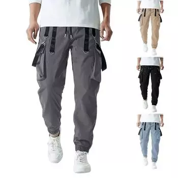 Брюки-карго для мужчин, мешковатые, мужские брюки-карго для парашютистов, легкие брюки, свободный крой, повседневные брюки для пешего туризма со шнурком L чёрный