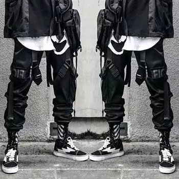 Брюки-карго для мужчин, повседневные брюки в стиле хип-хоп с карманами, мужские брюки, спортивные штаны, уличная одежда с лентами, брюки Techwear M чёрный