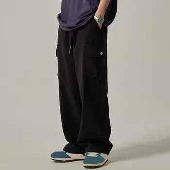 Брюки-карго для мужчин Yousheng с несколькими карманами в американском стиле, прямые, широкие, свободные, с завязками на резинке, на талии, для повседневных путешествий M чёрный