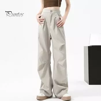 Брюки-карго для женщин с высокой талией, широкие штанины, однотонные, прямые, с карманами, повседневные, свободные брюки в стиле ретро со шнурком M темно-серого