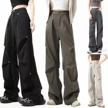 Брюки-карго для женщин с высокой талией, широкие штанины, однотонные, прямые, с карманами, повседневные, свободные брюки в стиле ретро со шнурком L чёрный