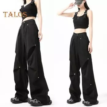 Брюки-карго для женщин с высокой талией, широкие штанины, однотонные, прямые, с карманами, повседневные, свободные брюки в стиле ретро со шнурком M хаки