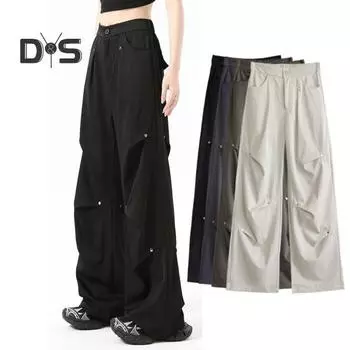 Брюки-карго для женщин с высокой талией, широкие штанины, однотонные, прямые, с карманами, повседневные, свободные брюки в стиле ретро со шнурком L темно-серого