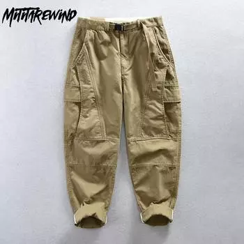 Брюки-карго из чистого хлопка, мужские весенне-летние молодежные уличные брюки, мешковатые брюки со средней талией цвета хаки, новые модные мужские брюки M хаки