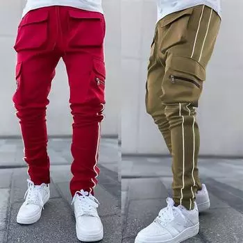 Брюки-карго мужские модные брендовые эластичные сумки со светоотражающими прямыми штанинами спортивные повседневные брюки для фитнеса M хаки