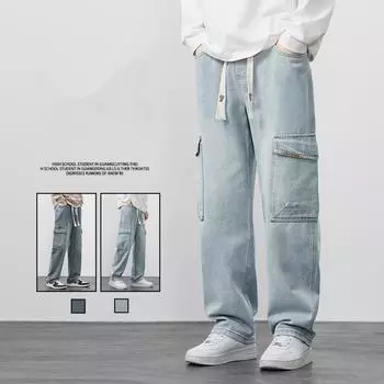Брюки-карго Мужские прямые джинсы с эластичной талией Повседневные мягкие спортивные брюки Мужская одежда Винтажные мешковатые джинсовые брюки M синий