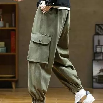 Брюки-карго мужские с несколькими карманами, уличная одежда, мешковатые брюки для бега на шнурке, хлопковые повседневные мужские брюки, большие размеры 8XL 8XL чёрный