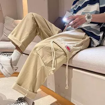 Брюки-карго, мужские уличные брюки с широкими карманами, повседневные брюки, мужские свободные прямые брюки S чёрный