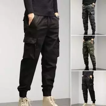 Брюки-карго на шнурке с несколькими карманами и эластичной резинкой на талии, однотонные спортивные штаны на весну и осень, уличная одежда для мужчин L чёрный