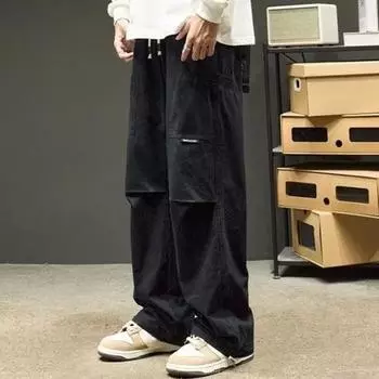 Брюки-карго осень-весна, свободные, прямые, однотонные, в стиле хип-хоп, с несколькими карманами, на резинке и завязками на талии, длинные брюки L хаки