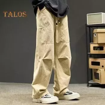 Брюки-карго осень-весна, свободные, прямые, однотонные, в стиле хип-хоп, с несколькими карманами, на резинке и завязками на талии, длинные брюки L хаки