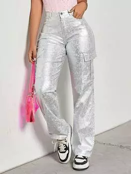 Брюки карго Rose Beauty A Rave Punk Silver с высокой талией и карманами-клапанами по бокам из искусственной кожи прямого покроя XS серебряный