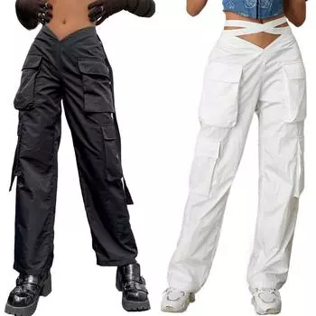 Брюки-карго Rose Beauty A Y2K с V-образным вырезом на талии, многокарманные, повседневные, свободные, с высокой талией, женские брюки XXS чёрный