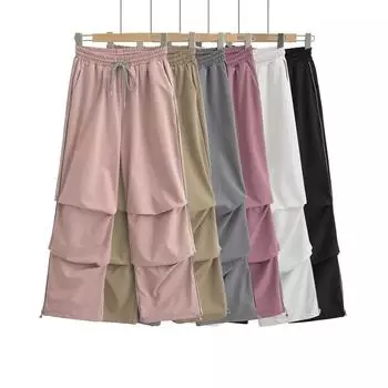 Брюки-карго с эластичным поясом и шнурком, брюки-парашют со складками, женские брюки y2k, спортивный костюм, однотонные спортивные штаны S фиолетовый