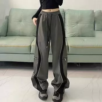 Брюки-карго с карманами на молнии, женские осенние повседневные женские брюки с высокой талией, модные лоскутные прямые брюки для женщин M серый