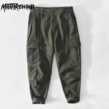 Брюки-карго в американском стиле, мужские, весна/осень, из чистого хлопка, повседневные брюки с несколькими карманами, однотонные, зауженные, длинные, модная мужская одежда 29 хаки
