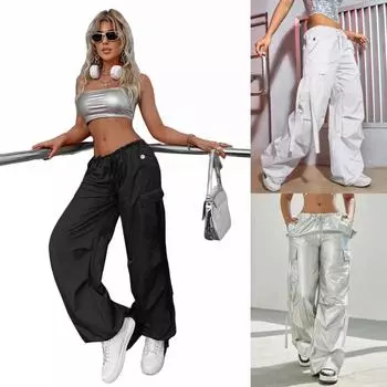 Брюки-карго в стиле 90-х с карманами-клапанами и шнурком на подоле, женские повседневные свободные брюки для бега XXS чёрный