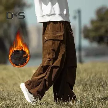 Брюки-карго в стиле ретро, мужские брюки большого размера с несколькими карманами, однотонная повседневная одежда, спортивные брюки на шнурке для улицы XL чёрный