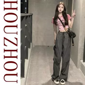 Брюки-карго в стиле ретро, женские свободные брюки в Корейском стиле, повседневные прямые брюки с широкими штанинами, большие размеры для бега S серый