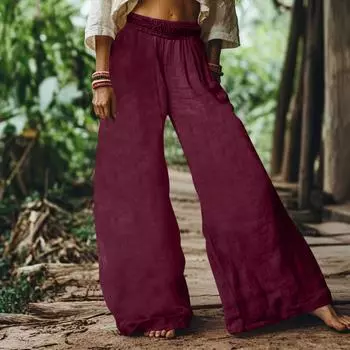 Брюки-карго женские хлопковые льняные с пуговицами на резинке на талии широкие брюки летние свободные брюки для бега с карманом L винный