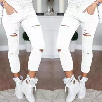 Брюки-карго женские модные тонкие с высокой талией эластичные узкие брюки-карандаш с рваными отверстиями однотонные уличные брюки S светло-синий