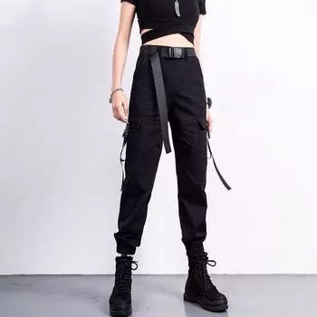 Брюки-карго женские повседневные бегуны черные брюки с высокой талией свободные женские брюки женские брюки XXL чёрный
