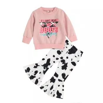 Брюки-клеш для малышей, одежда в стиле вестерн для маленьких девочек, детский свитер с принтом коровы, пуловер, топ-клеш, осенне-зимний наряд 6-12 Months коричневый