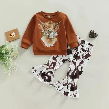 Брюки-клеш для малышей, одежда в стиле вестерн для маленьких девочек, детский свитер с принтом коровы, пуловер, топ-клеш, осенне-зимний наряд 2-3 Years коричневый